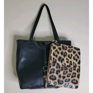 New Directions Reversible Handbag Purse Tote Black/Leopard With Wristlet